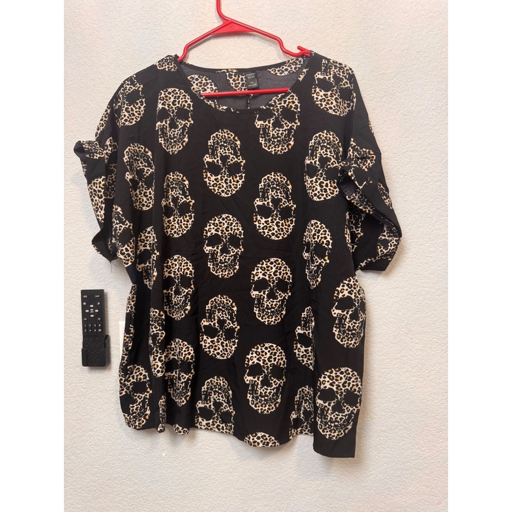 Emery Rose Leopard Skull Print Blouse‎ Top 1XL Plus Size Rocker